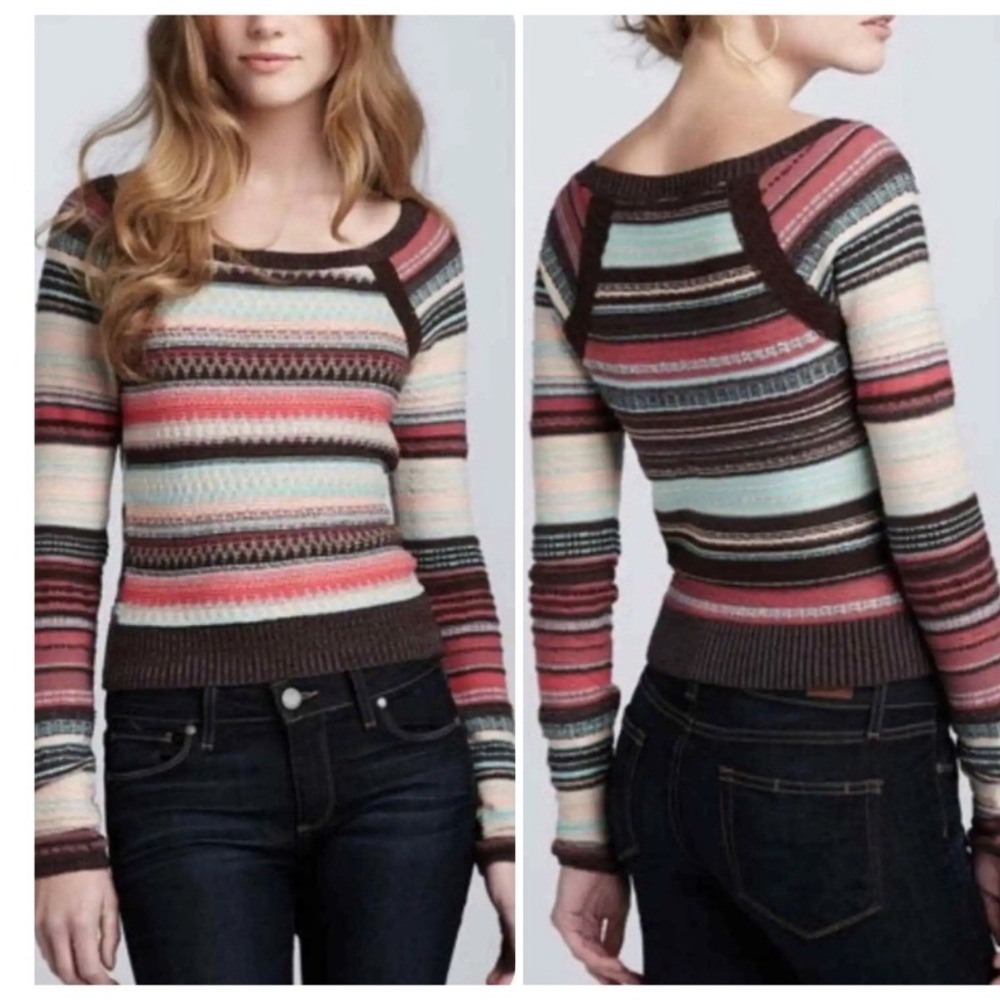 FREE PEOPLE Twinkle Stars Pullover Sweater Striped Cotton Boho Retro Twee Sz M